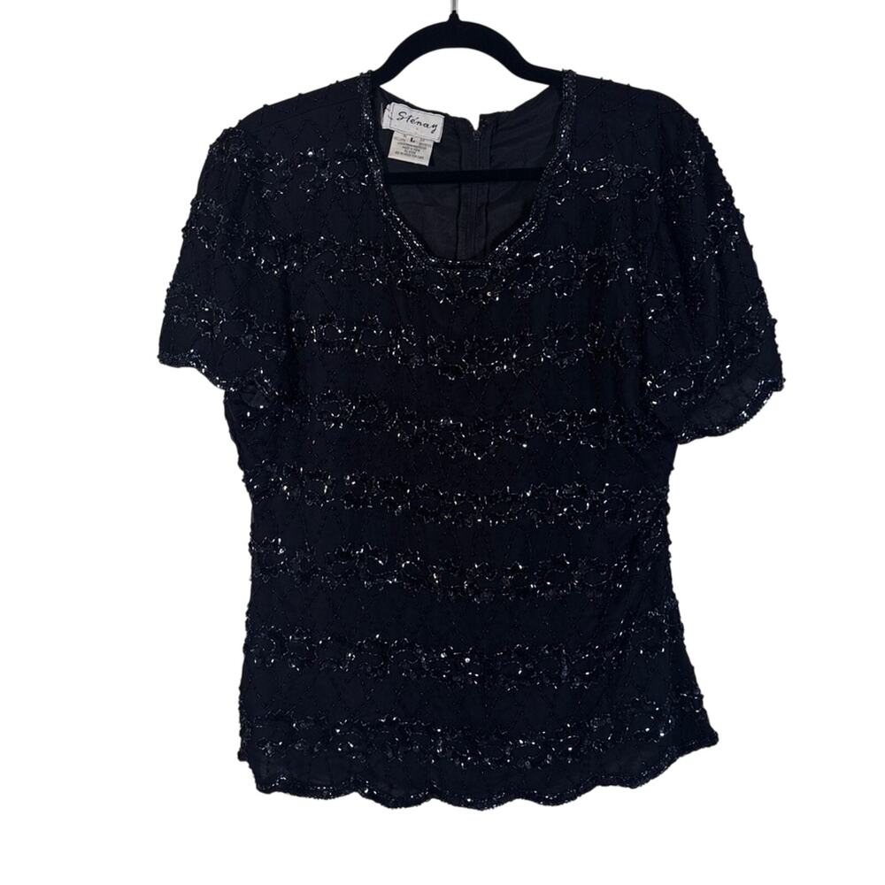 Vintage Stenay Black Silk Beaded Blouse Womens L Short Sleeve Formal Dressy
